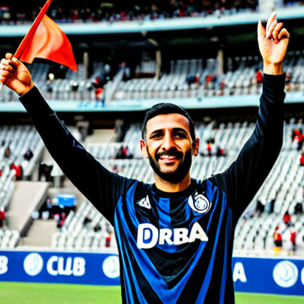 A male Club Olimpia supporter, mid-30s, stands proudly in the stands of Manuel Ferreira Stadium, wearing a clean, modest Club Olimpia jersey and fully clothed professional sports attire. He holds aloft a Club Olimpia flag, his face expressing deep loyalty and pride for 'De La Decana'. The background shows blurred stadium seating and subtle club banners, emphasizing the spirit of fandom. safe for work, appropriate content, fully clothed, professional dress, family-friendly, perfect anatomy, correct proportions, natural pose, well-formed hands, proper finger count, natural body proportions, high-quality, professional photography, vibrant colors.