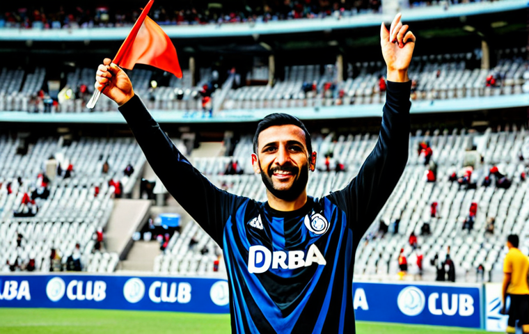 A male Club Olimpia supporter, mid-30s, stands proudly in the stands of Manuel Ferreira Stadium, wearing a clean, modest Club Olimpia jersey and fully clothed professional sports attire. He holds aloft a Club Olimpia flag, his face expressing deep loyalty and pride for 'De La Decana'. The background shows blurred stadium seating and subtle club banners, emphasizing the spirit of fandom. safe for work, appropriate content, fully clothed, professional dress, family-friendly, perfect anatomy, correct proportions, natural pose, well-formed hands, proper finger count, natural body proportions, high-quality, professional photography, vibrant colors.